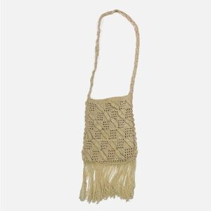 Hand Crafted Natural Beige Crochet Fringed Crossbody Small Shoulder Bag